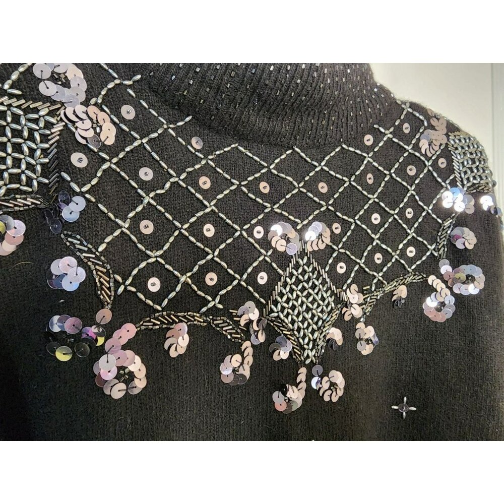 Size Medium Christina Lambswool Angora Black Beaded Turtleneck Sweater - Picture 5 of 5